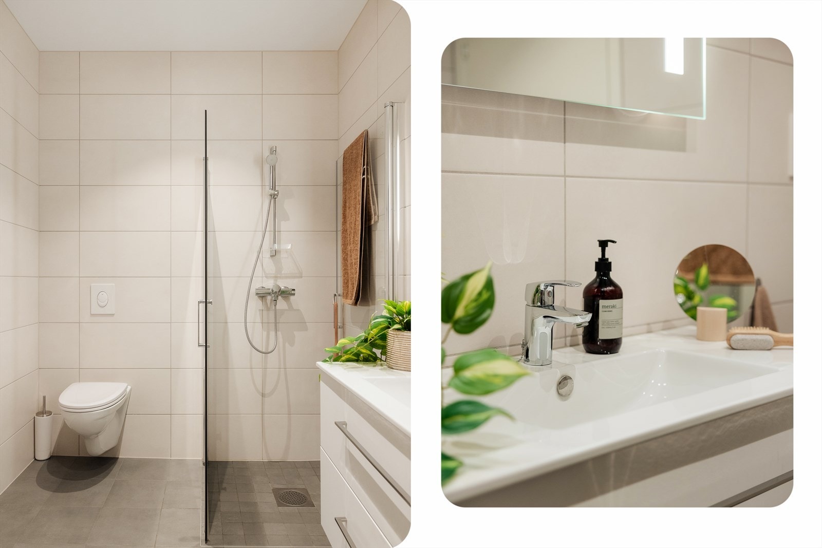 Badet har et minimalistisk uttrykk, naturlige detaljer og harmonisk fargepalett. Galleribilde