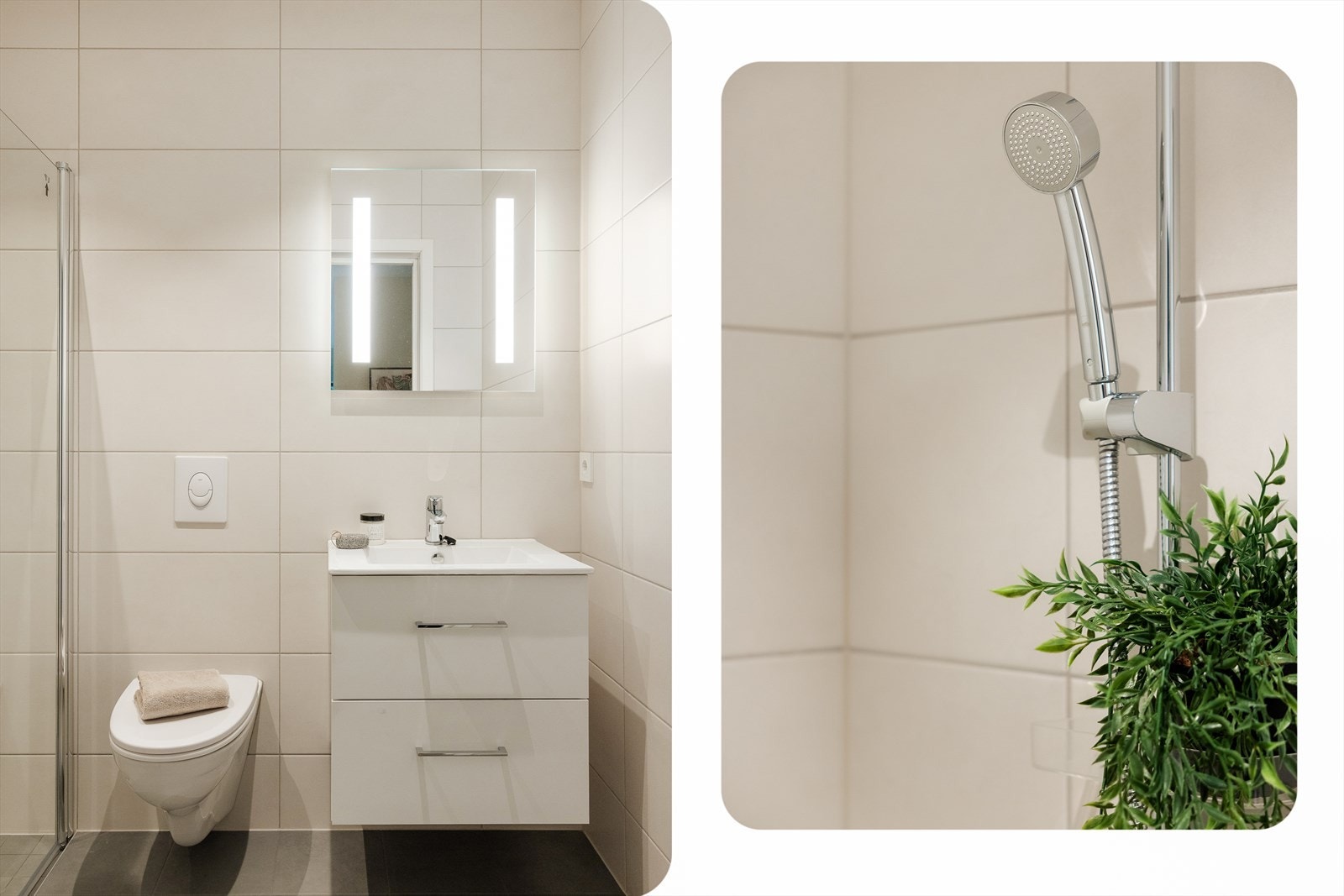 Lyst og tiltalende baderom med rene linjer, moderne detaljer og en behagelig atmosfære Galleribilde