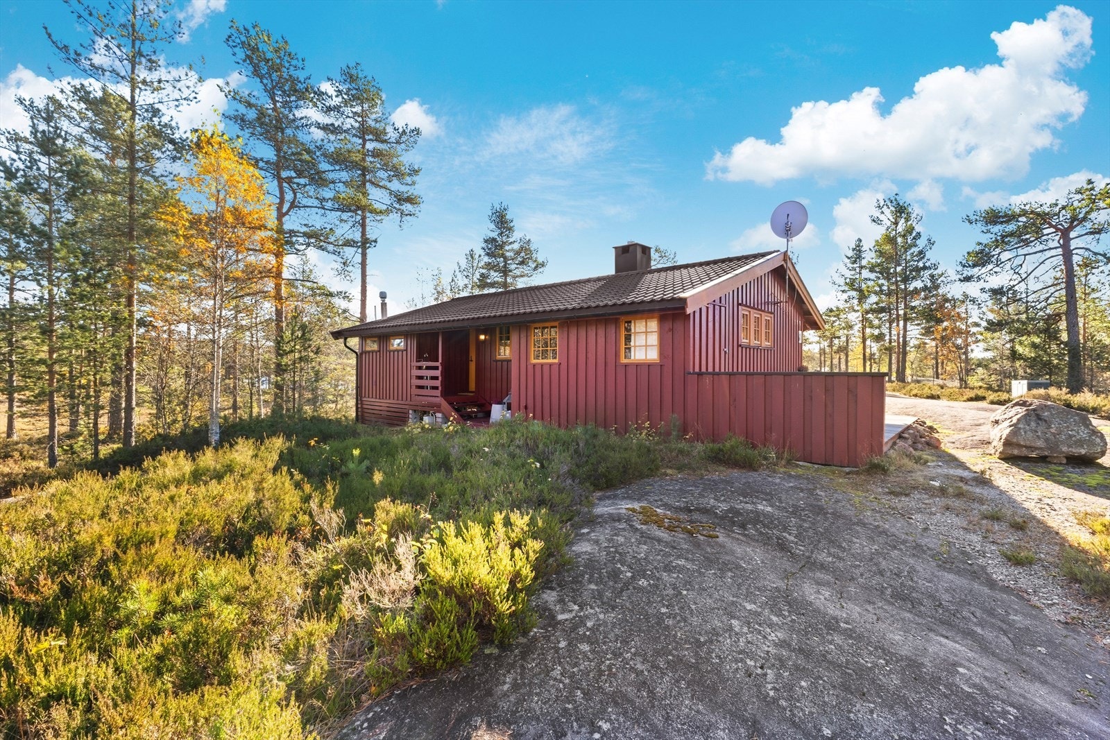 Det er bilparkering rett nedenfor hytta og vei helt bort fra bom. Galleribilde