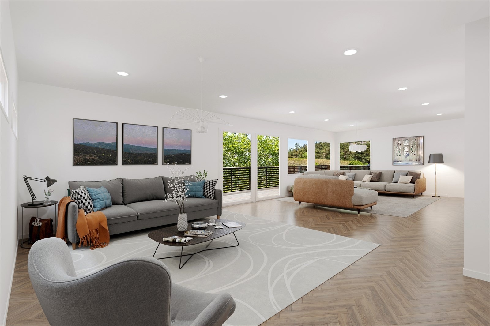 - Digital presentasjon av stuen innredet med sittegrupper i hver sin naturlige sone (digitalt fremstilt) - Galleribilde