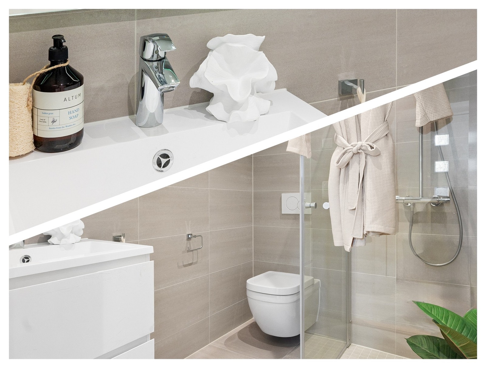 En herlig kombinasjon av 60x60 fliser på gulv, mosaikk i dusj og 30x60 fliser på vegg Galleribilde