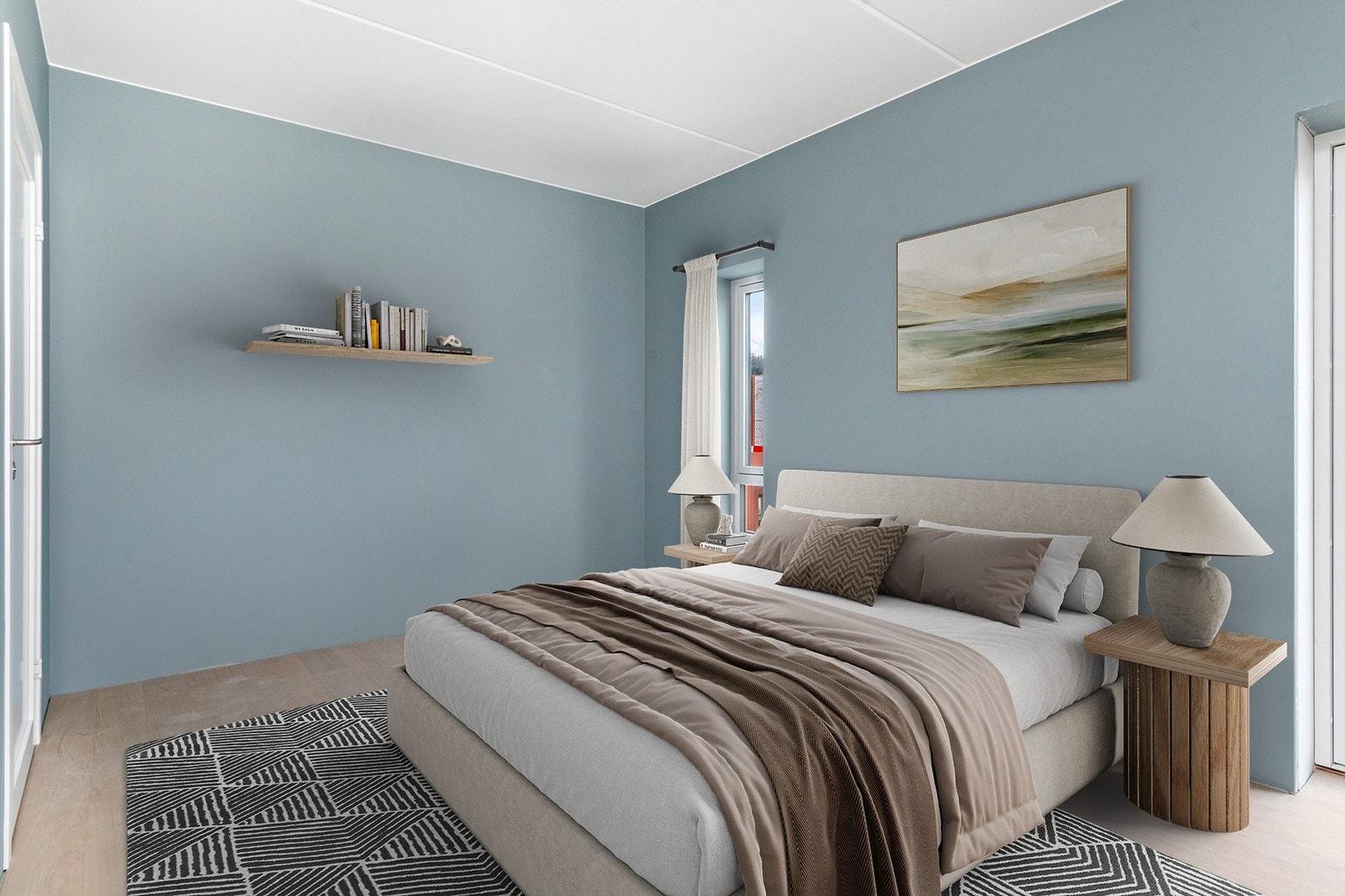 Leiligheten har totalt 3 soverom, hvorav hovedsoverommet har tilgang til privat bad. (Bildet er digitalt møblert) Galleribilde