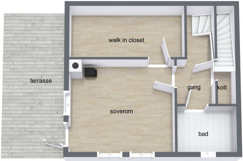 I u.etg finnes: Hall med trapp, praktisk kott, stort walk-in closet, koselig stue samt bad/vaskerom. Galleribilde