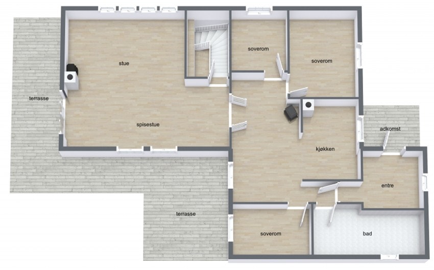 1.etg. byr på Entré, lyst kjøkken med utgang til altan, 3 soverom, bad, trapperom og stue med adkomst til innbygget veranda. Galleribilde