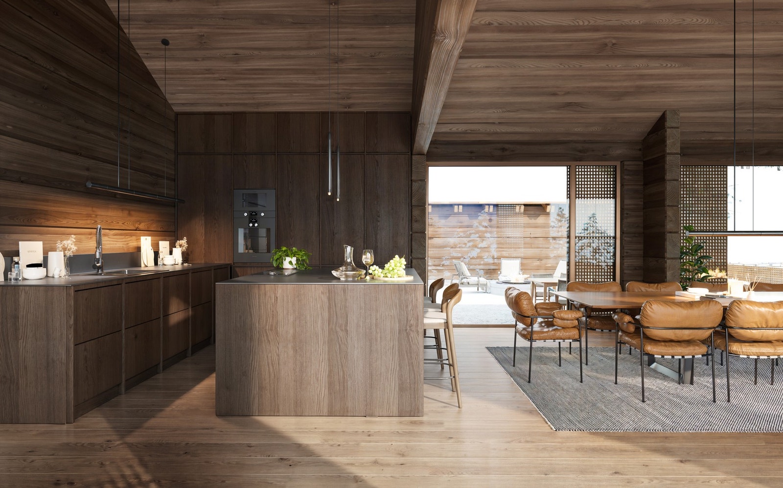 Skreddersydd kjøkken med kjøkkenøy, benk og høyskap. Galleribilde