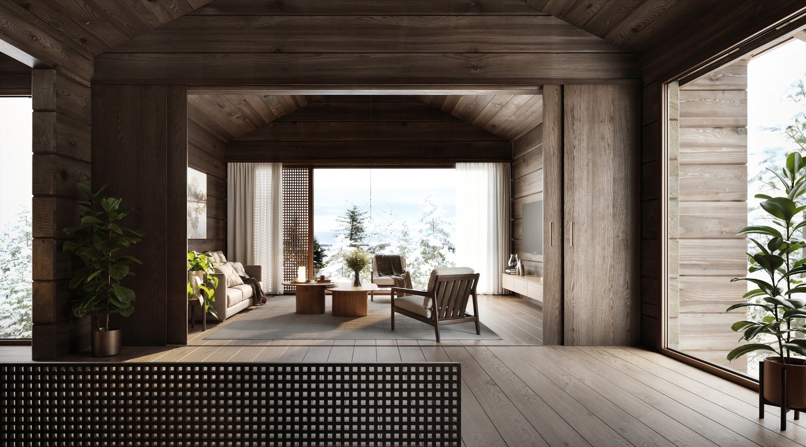 Arkitekturen spiller på rene linjer, naturlige materialer og store vindusflater som slipper naturen inn. Galleribilde