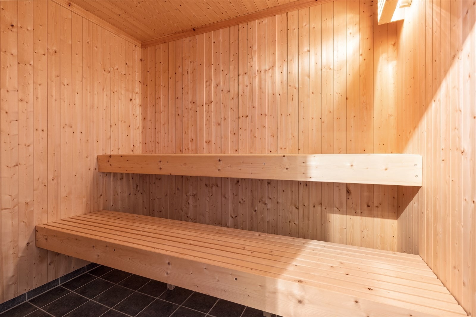 Ved hovedbadet har hytta en badstue med flislagt gulv og plassbygde trebenker. Galleribilde