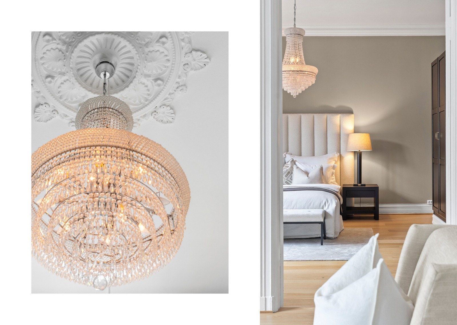 Stukkatur og lysekrone binder rommet sammen på elegant vis. Galleribilde