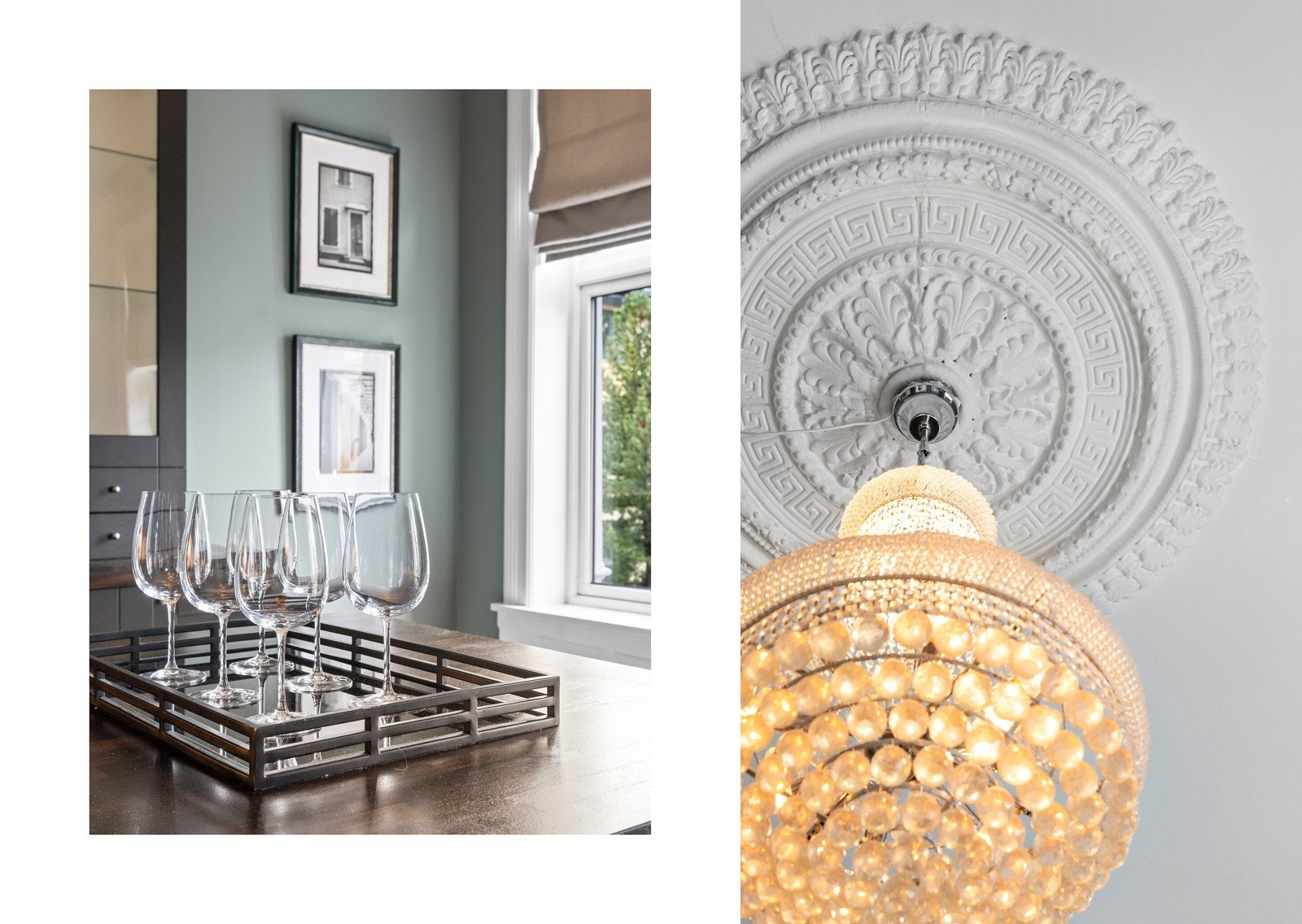 Vi legger merke til de elegante detaljene som den lekre rosetten og lysekronen i taket. Galleribilde