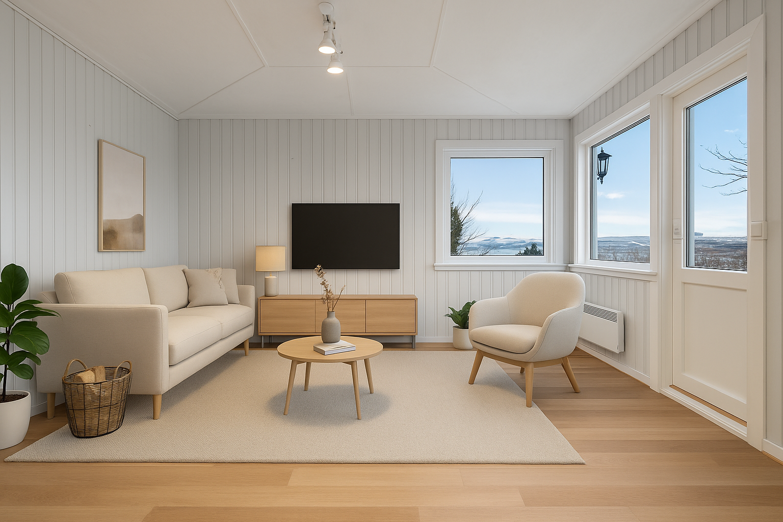 Lys og romslig stue - her vist med digital møblering som illustrerer boligens gode møbleringsmuligheter. Galleribilde