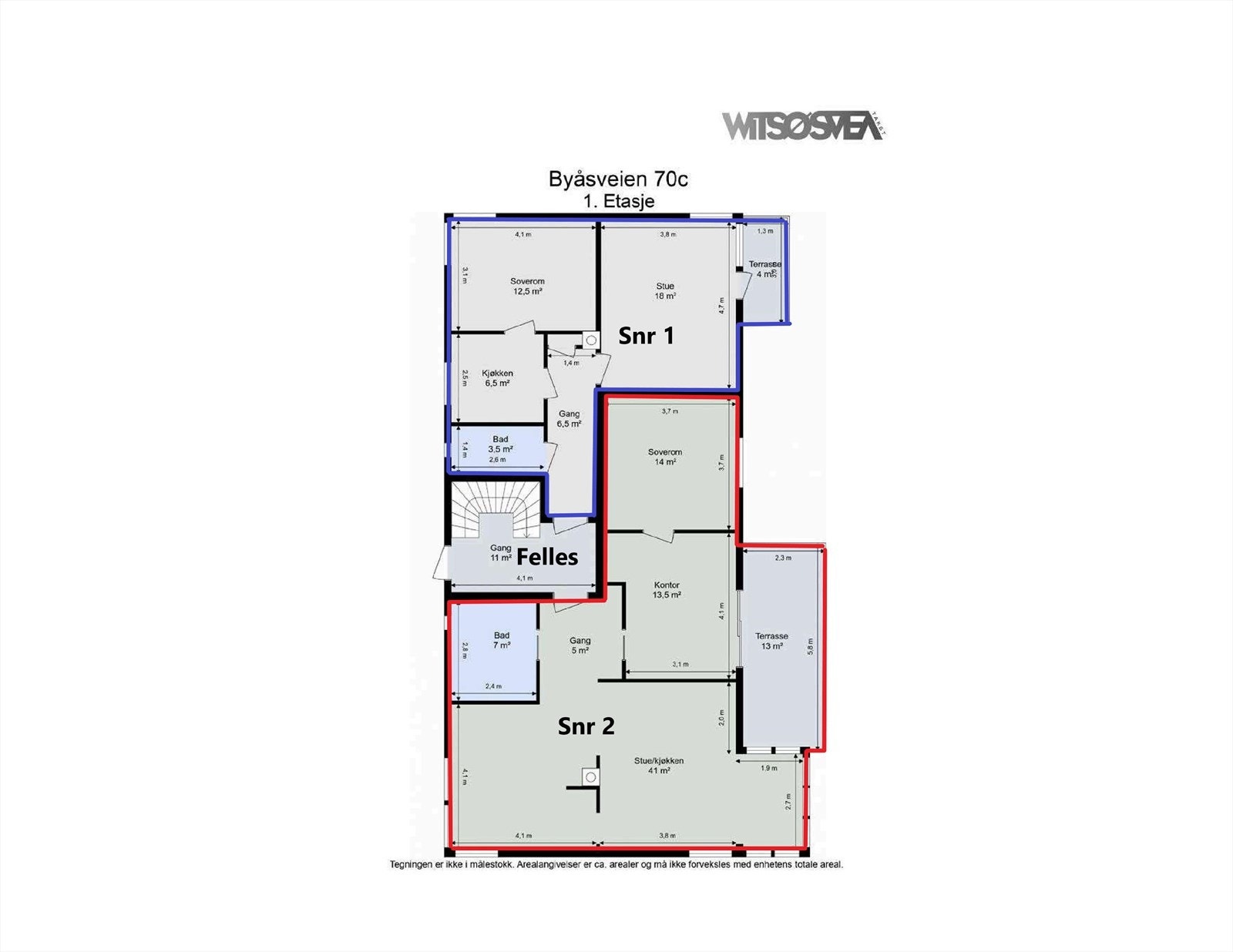 Plantegning 1. etasje. Dette er seksjonnummer 1 (blått omriss). Galleribilde