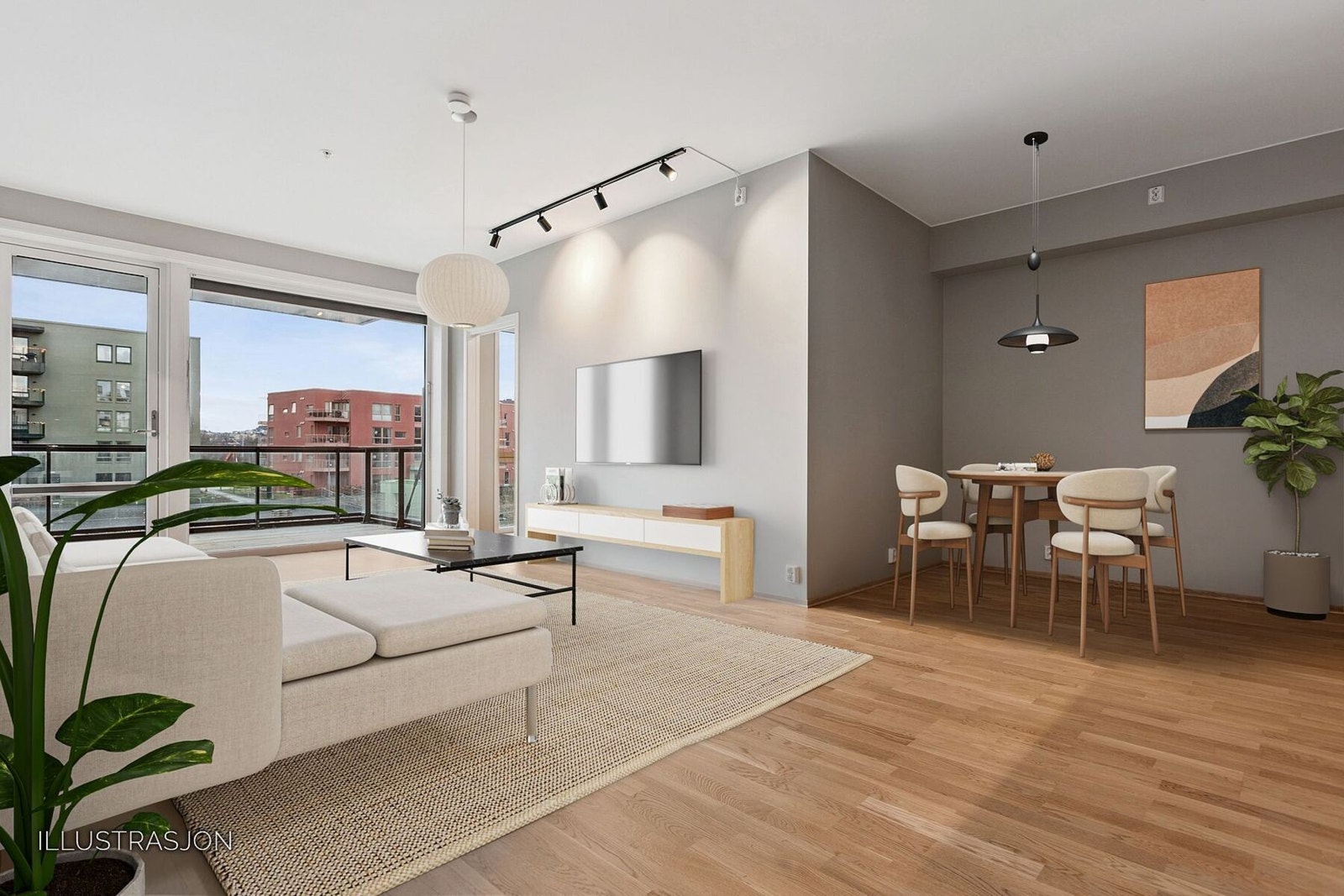 En lys og delikat 3-roms leilighet i byggets 3.etasje. Her er stuen møblert med digital møblering. Galleribilde