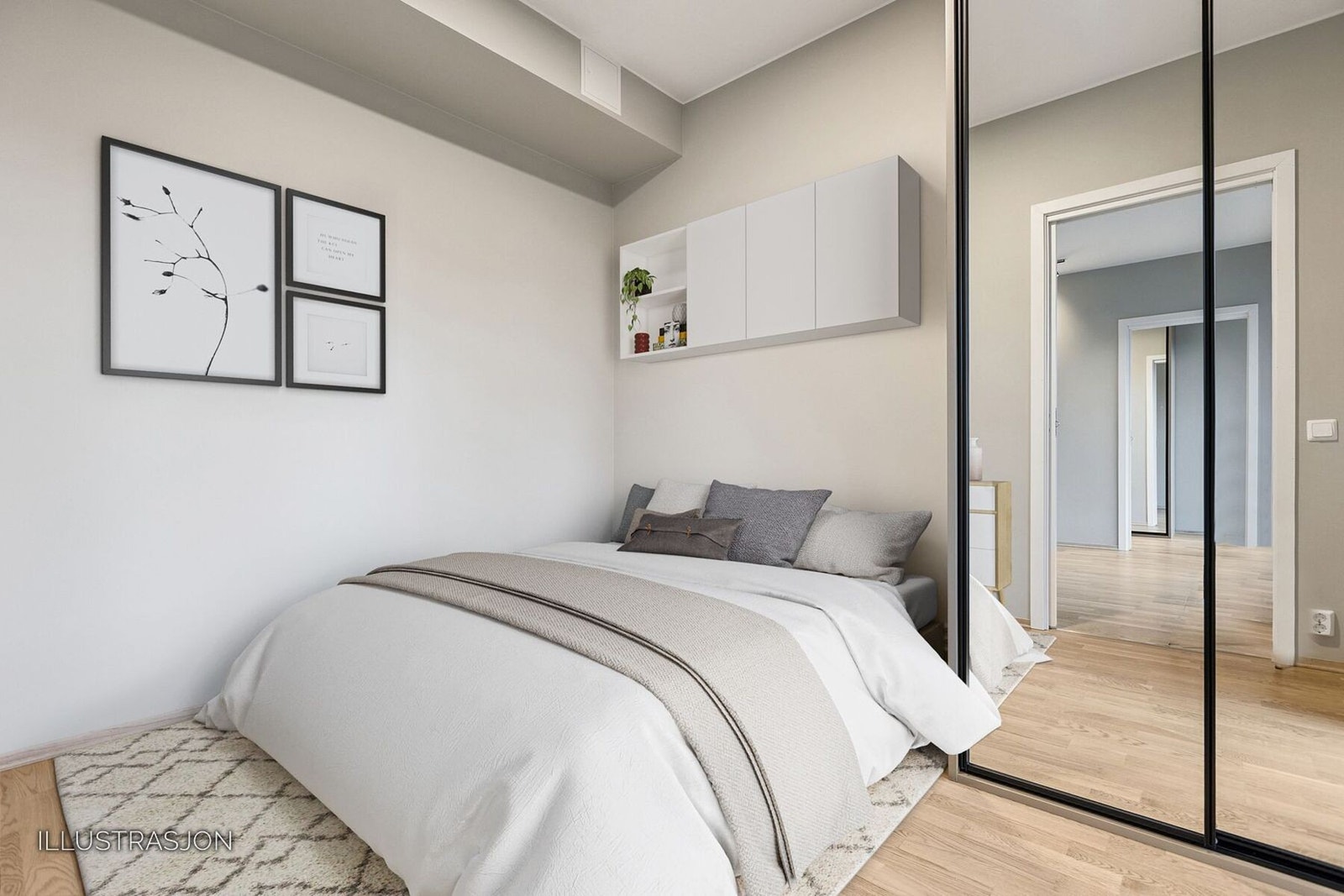 Soverom på 7,5 kvadratmeter med digital møblering. Galleribilde