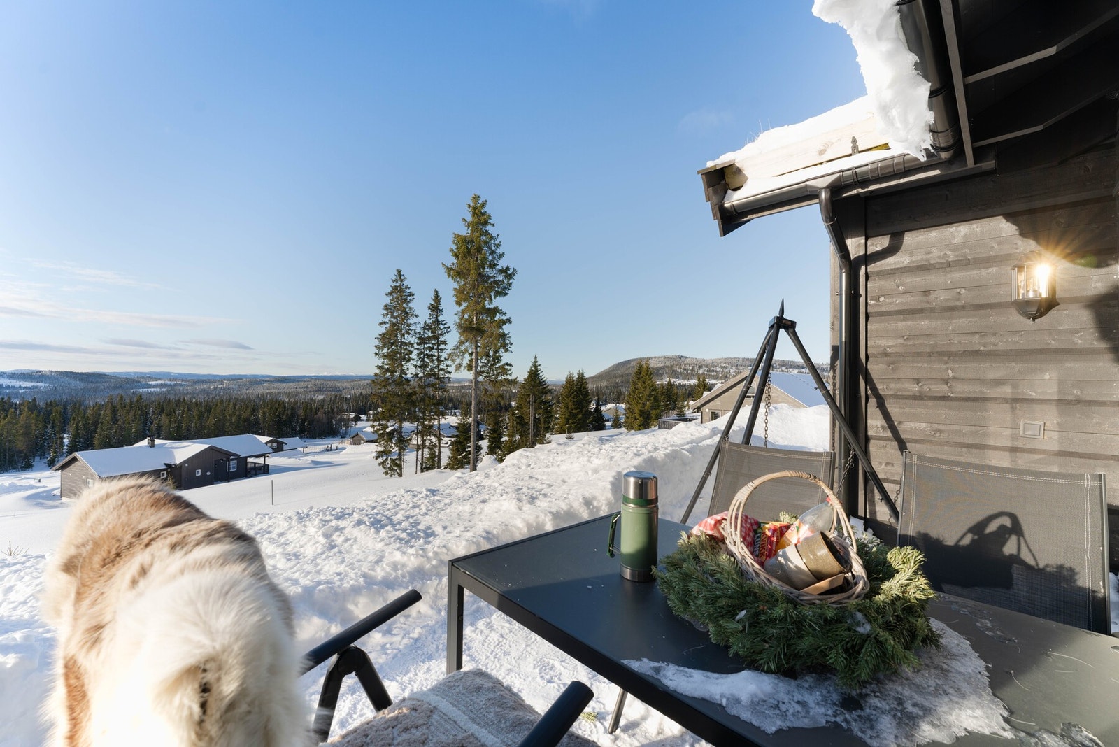Klar blå himmel og sollys gir en lys og innbydende atmosfære. Galleribilde