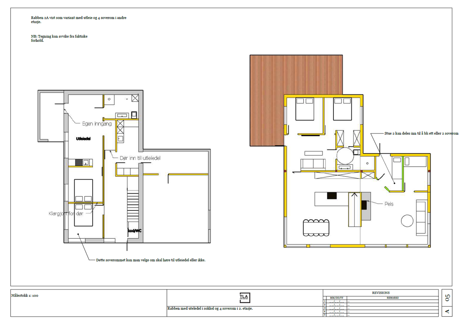 Plantegningen viser huset med en ferdig utleieleilighet med ett eller to soverom. Stua oppe er også gjort om til to soverom. Det gjøres oppmerksom på at det ikke er slik planløsningen er i dag Galleribilde