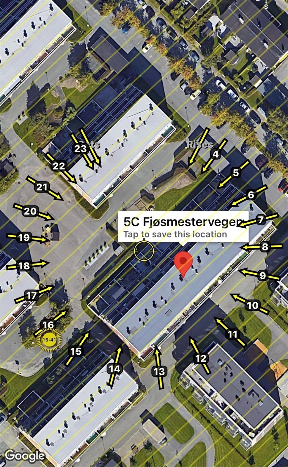 Illustrasjon av solforhold av boligen. På grunn av markterrassens størrelse, gjør det at man har den allerede fra kl. 14, sommerstid. Galleribilde