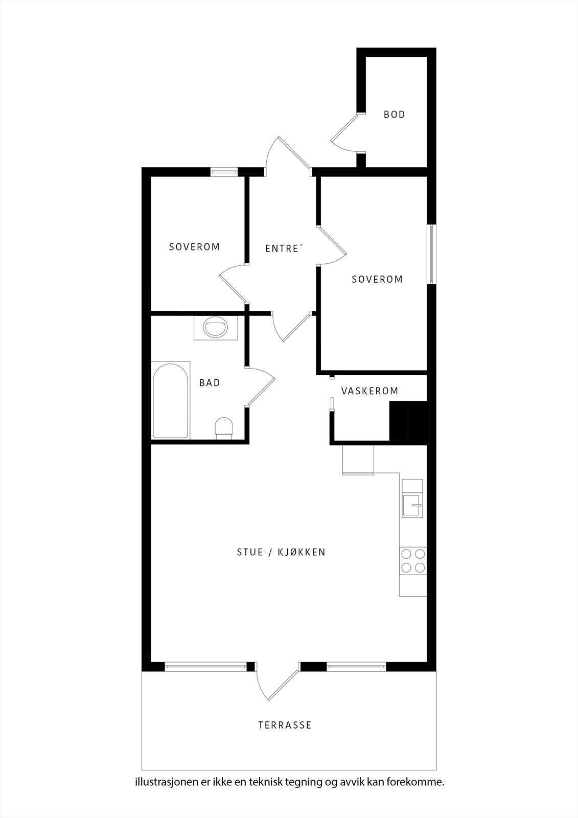 En smart planløsning med soverom avskilt fra stue/kjøkken, og kjekke lagringsmuligheter. Galleribilde