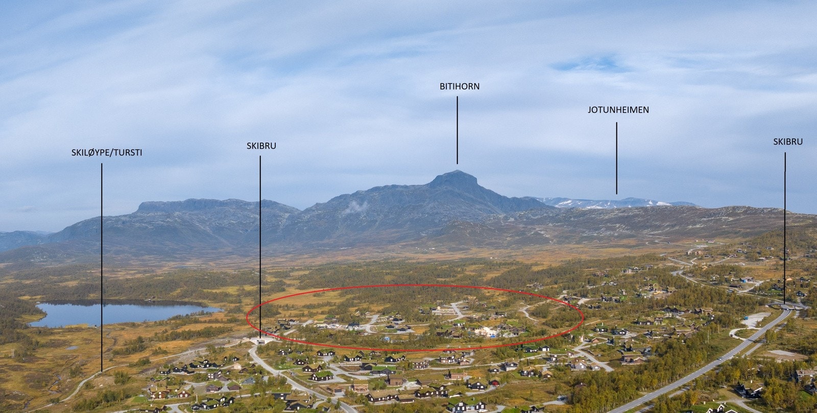 Tomtefeltet er grovt markert i den røde sirkelen. Galleribilde