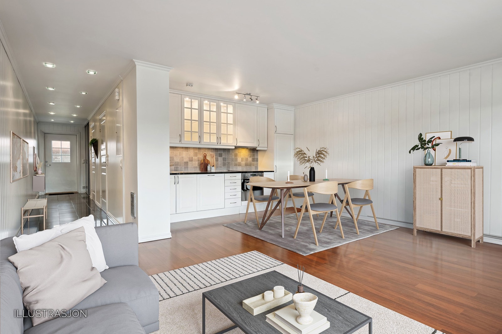 Stue og kjøkken i åpen løsning med plass til sofa-løsning, spisegruppe og øvrig møblement (Digitalt stylet foto) Galleribilde