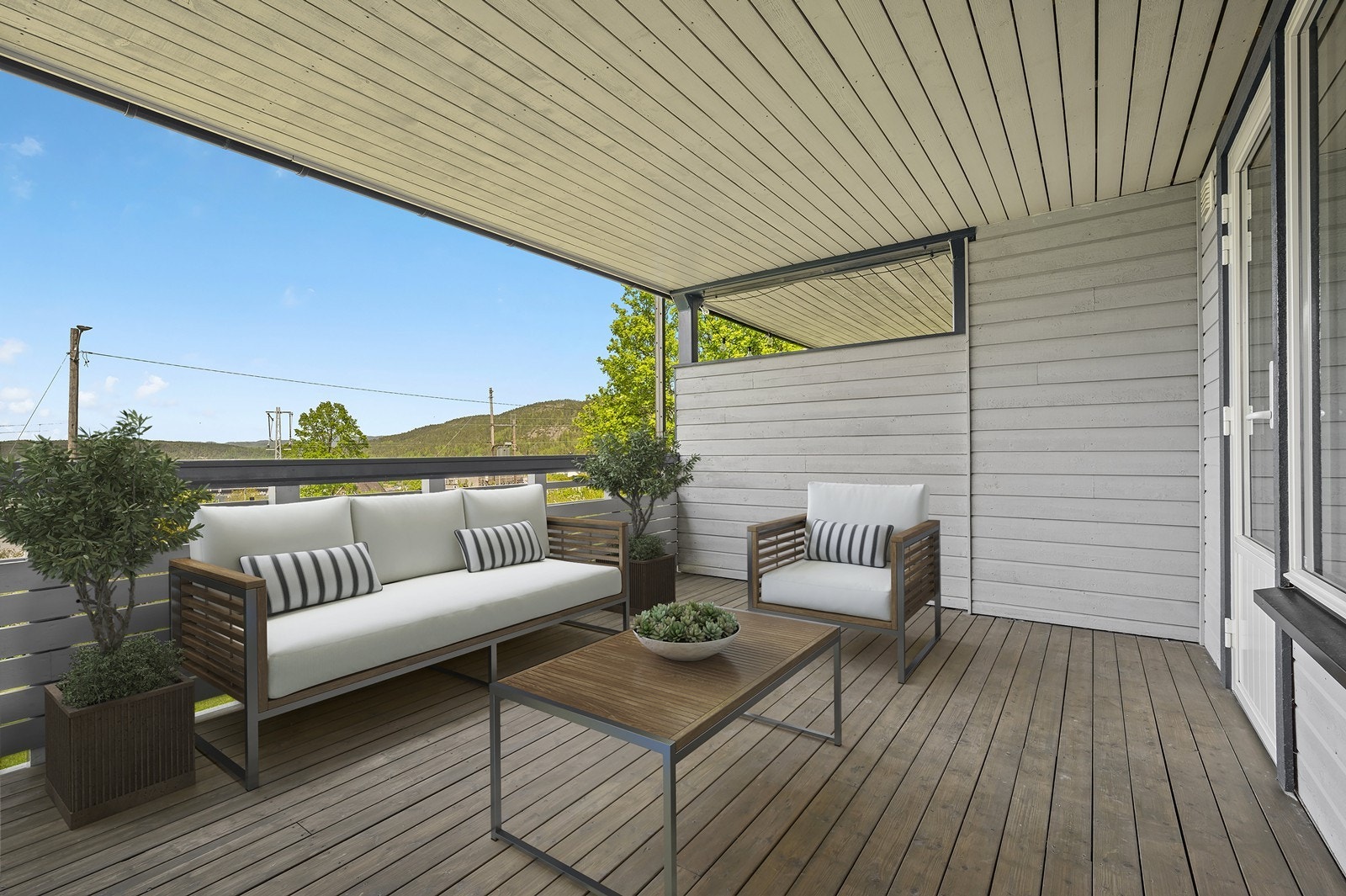 Leiligheten ligger mot nordvest og gir en fin kveldssol på balkongen. (Digital styling) Galleribilde