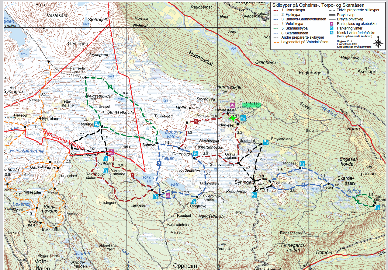 Skiløypekart med hytta og Sjauset markert. Galleribilde