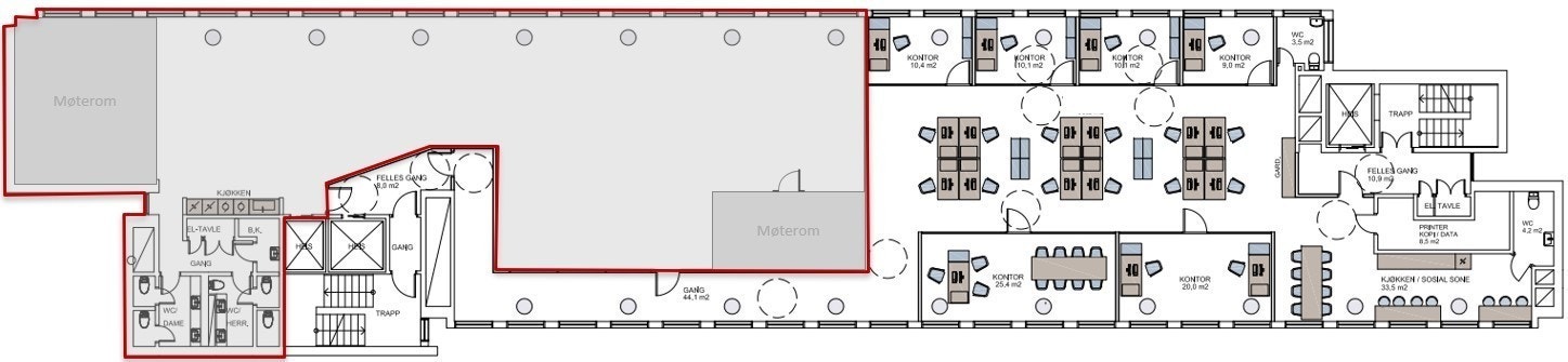 Plantegning av de aktuelle lokalene (merket rødt) Galleribilde