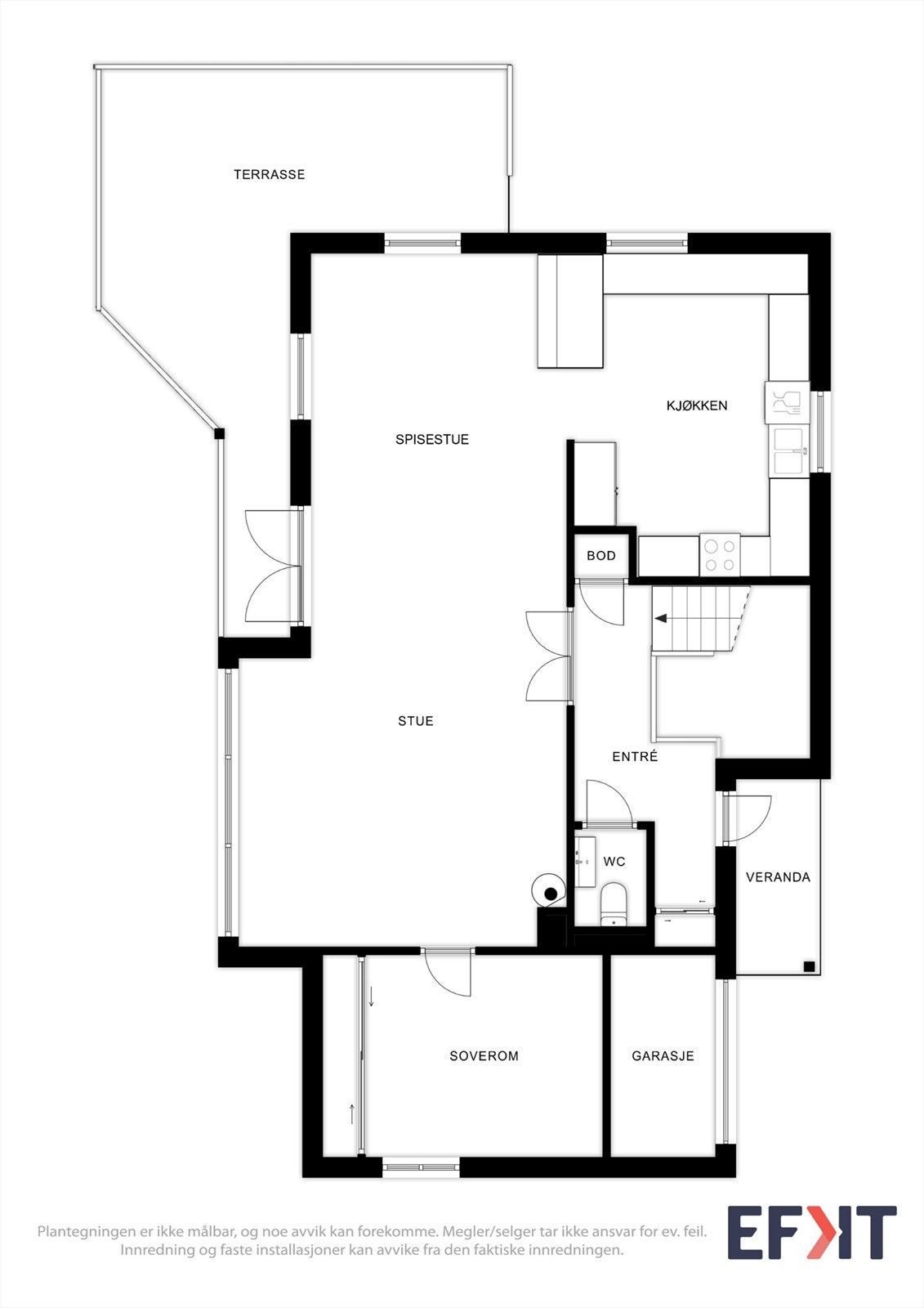 Planløsningen er meget god. Soverommet i denne etasjen er egentlig en del av garasjen og er derfor ikke godkjent til varig opphold. Galleribilde
