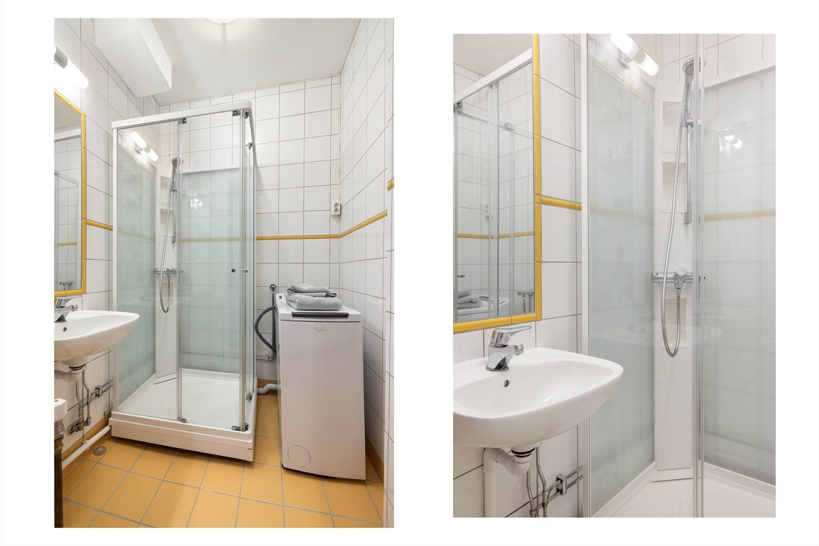 Bad med flislagte overflater og opplegg for vaskemaskin. Badet består av dusjkabinett og vegghengt servant. Galleribilde