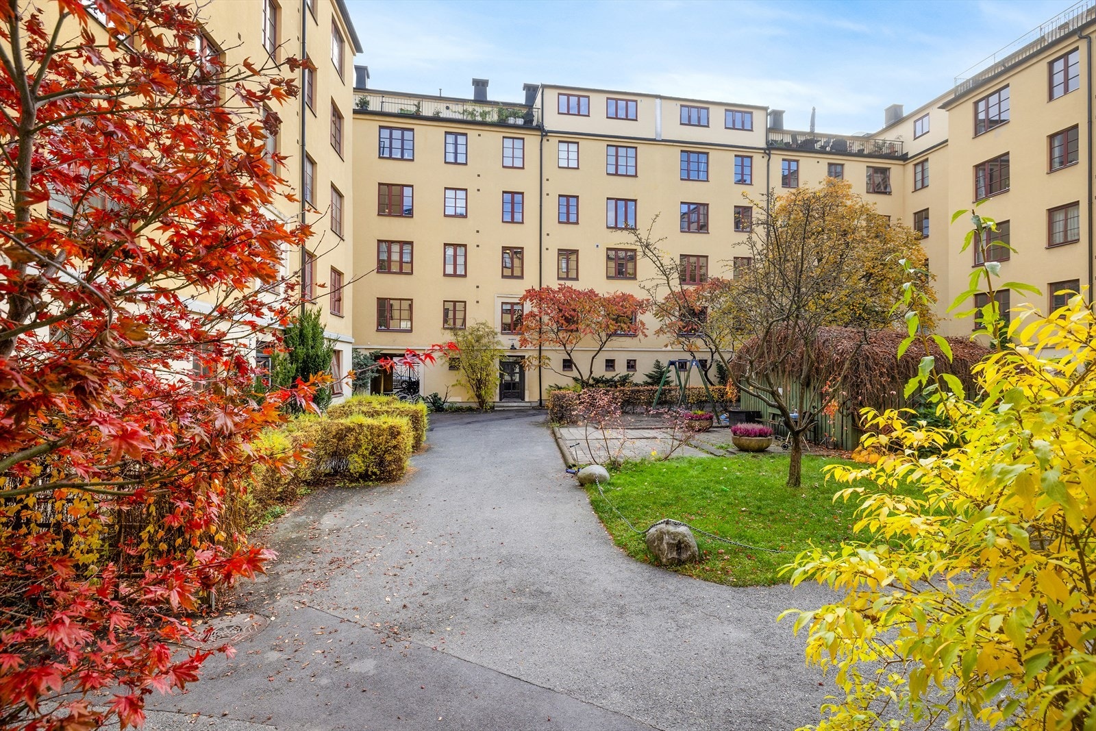 Idyllisk bakgård pent opparbeidet med plen, asfalt og beplantning. Galleribilde