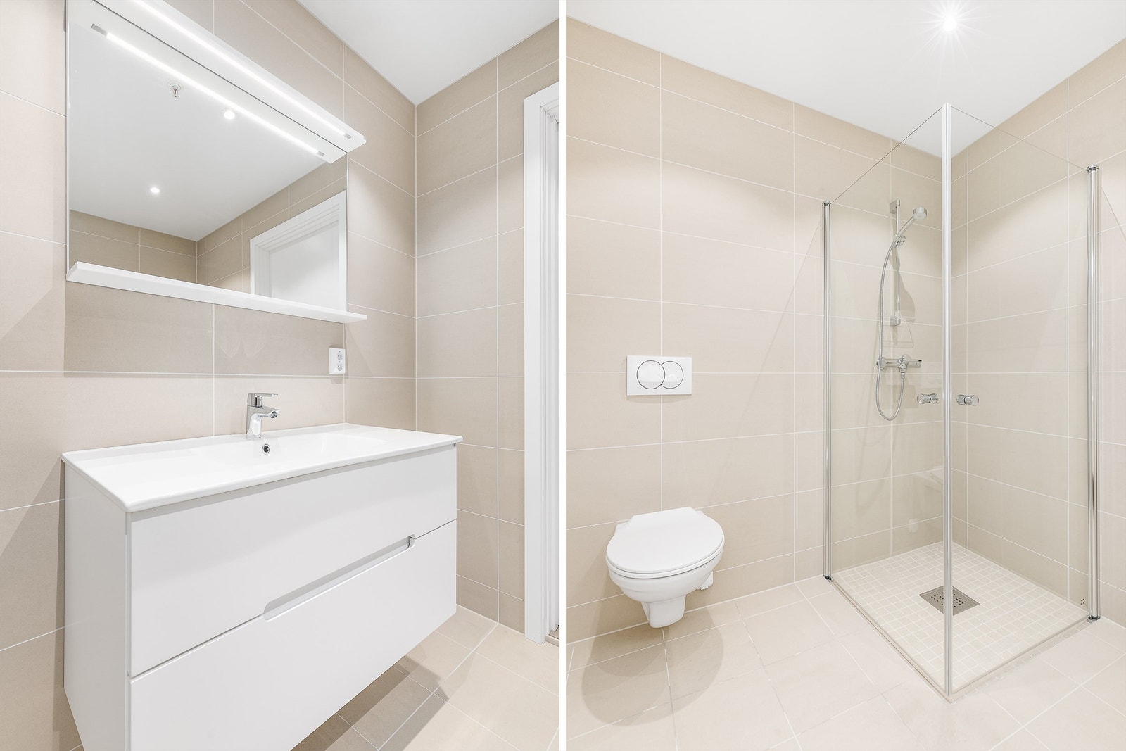 Brede servantskuffer tilbyr lett tilgjengelig oppbevaring av baderomseffekter. Galleribilde