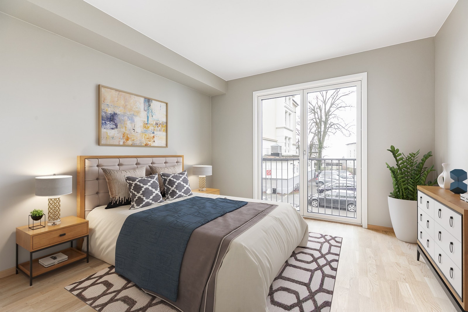 Hovedsoverommet har kvaliteter som to-fløyet balkongdør og et generøst areal på nesten 14 kvm. Bildet er digitalt møblert. Galleribilde