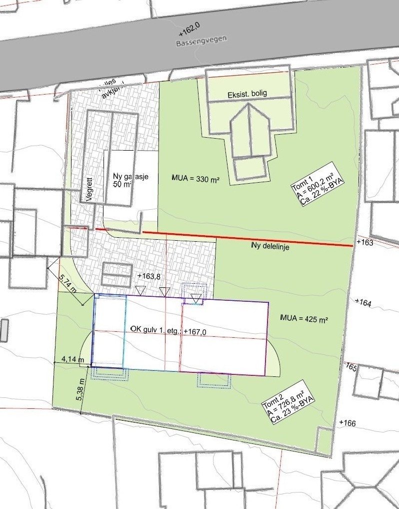 Delingsplan. Tomt 2 er til salgs med eksempel på plassering av bolig på tomt. Tomt 1 er med eksisterende bolig som skal pusses opp og med ny tilhørende garasje. Galleribilde