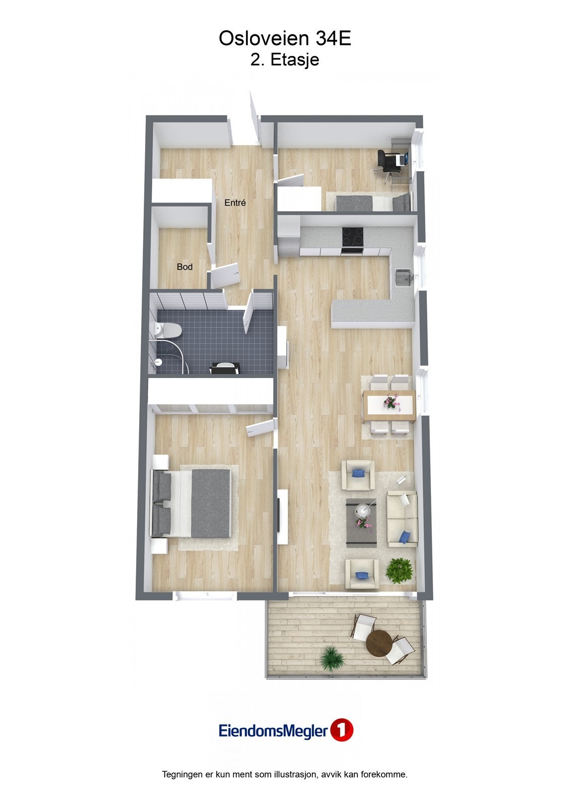 Plantegningen viser en arealeffektiv planløsning med entré, to soverom, bad, bod og åpen stue-kjøkkenløsning. Galleribilde