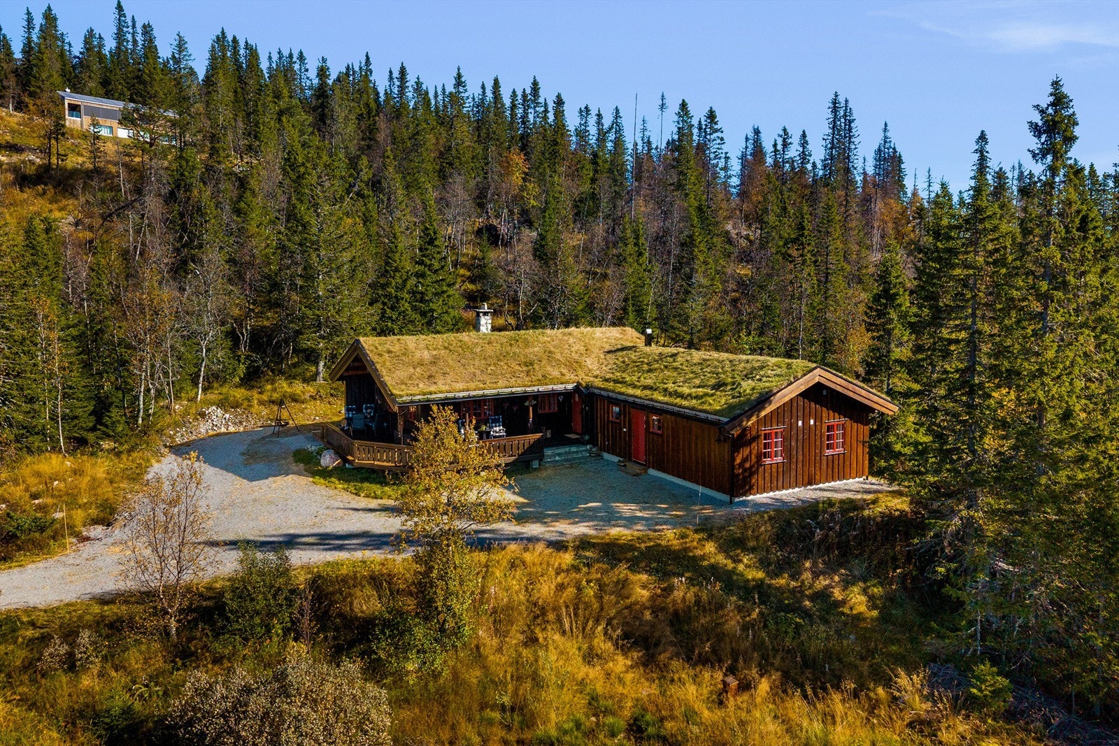 Hytta ligger usjenert til med bilvei helt frem og en romslig, gruslagt gårdsplass. Galleribilde