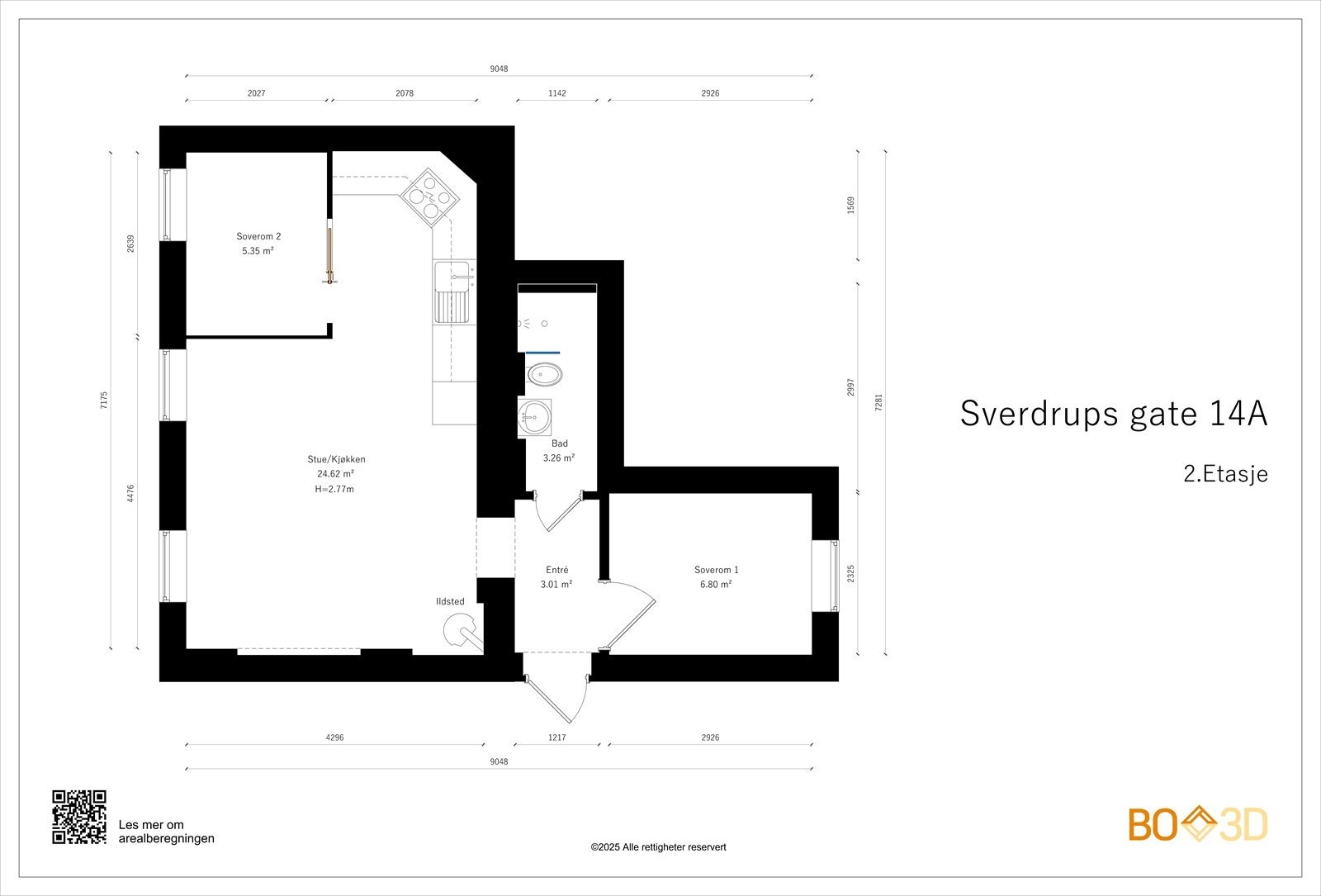 Plantegningen viser en arealeffektiv leilighet på 47 m² med åpen stue/kjøkken-løsning, to soverom og bad. Galleribilde