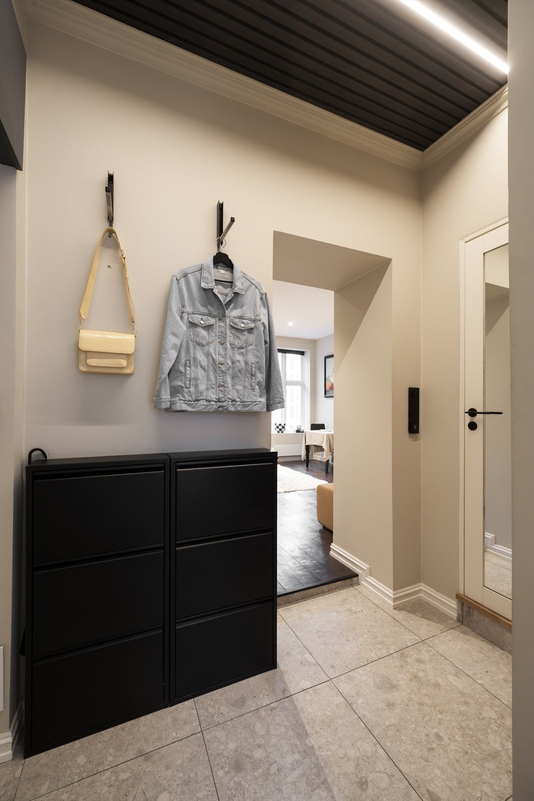 Fra entréen åpner leiligheten seg opp mot det sosiale allrommet. Galleribilde