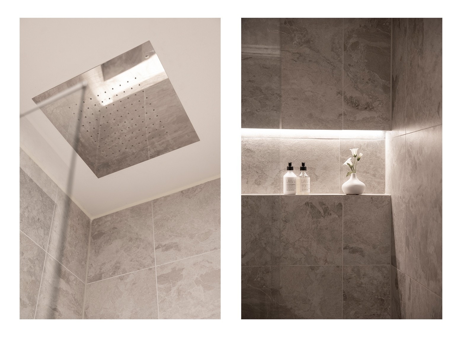 Dusjsonen er utstyrt med regnfallsdusj og en praktisk, innfelt hylle med LED-belysning. Galleribilde