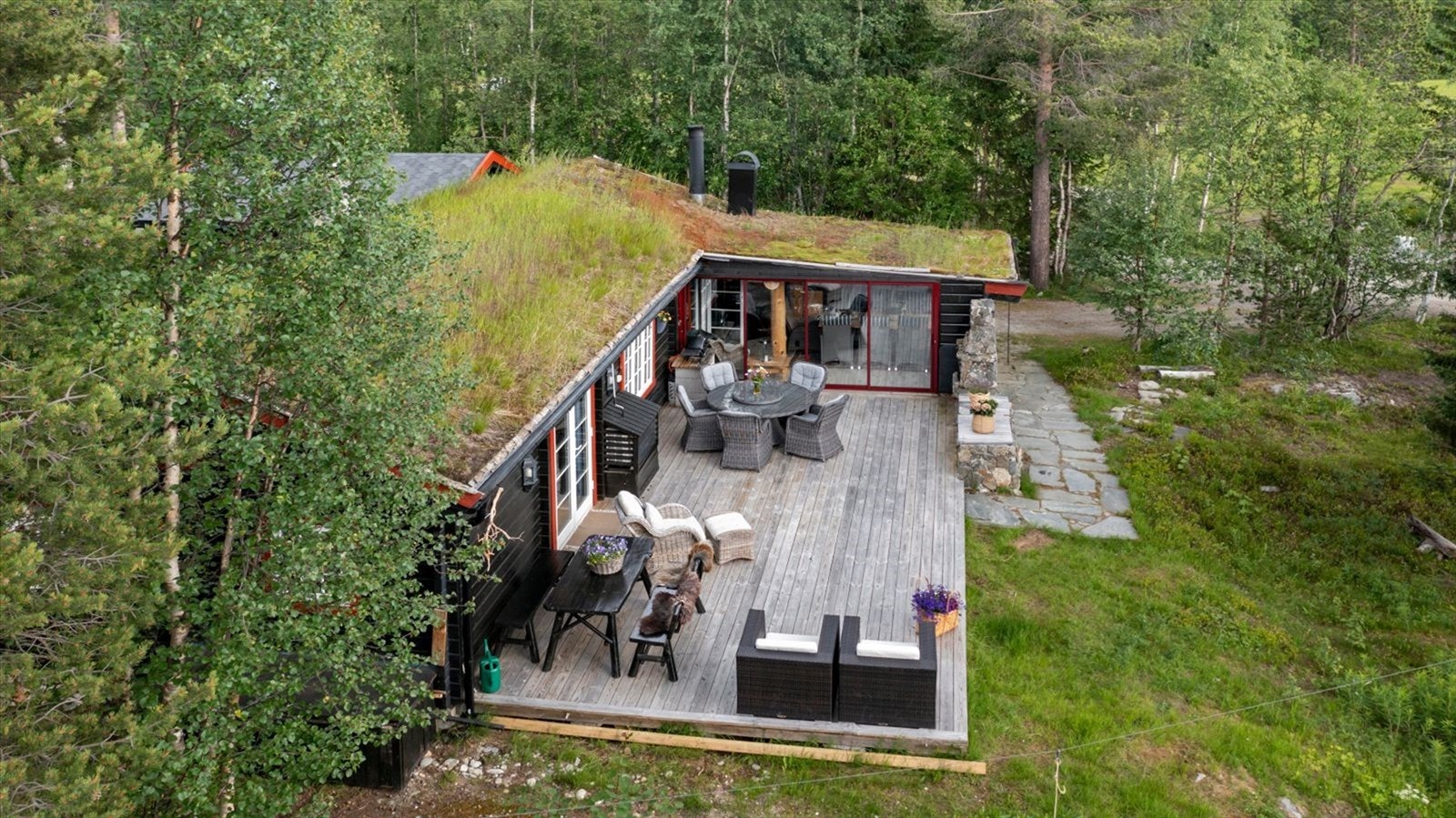 Dronebilde av hytten og uteområdet Galleribilde