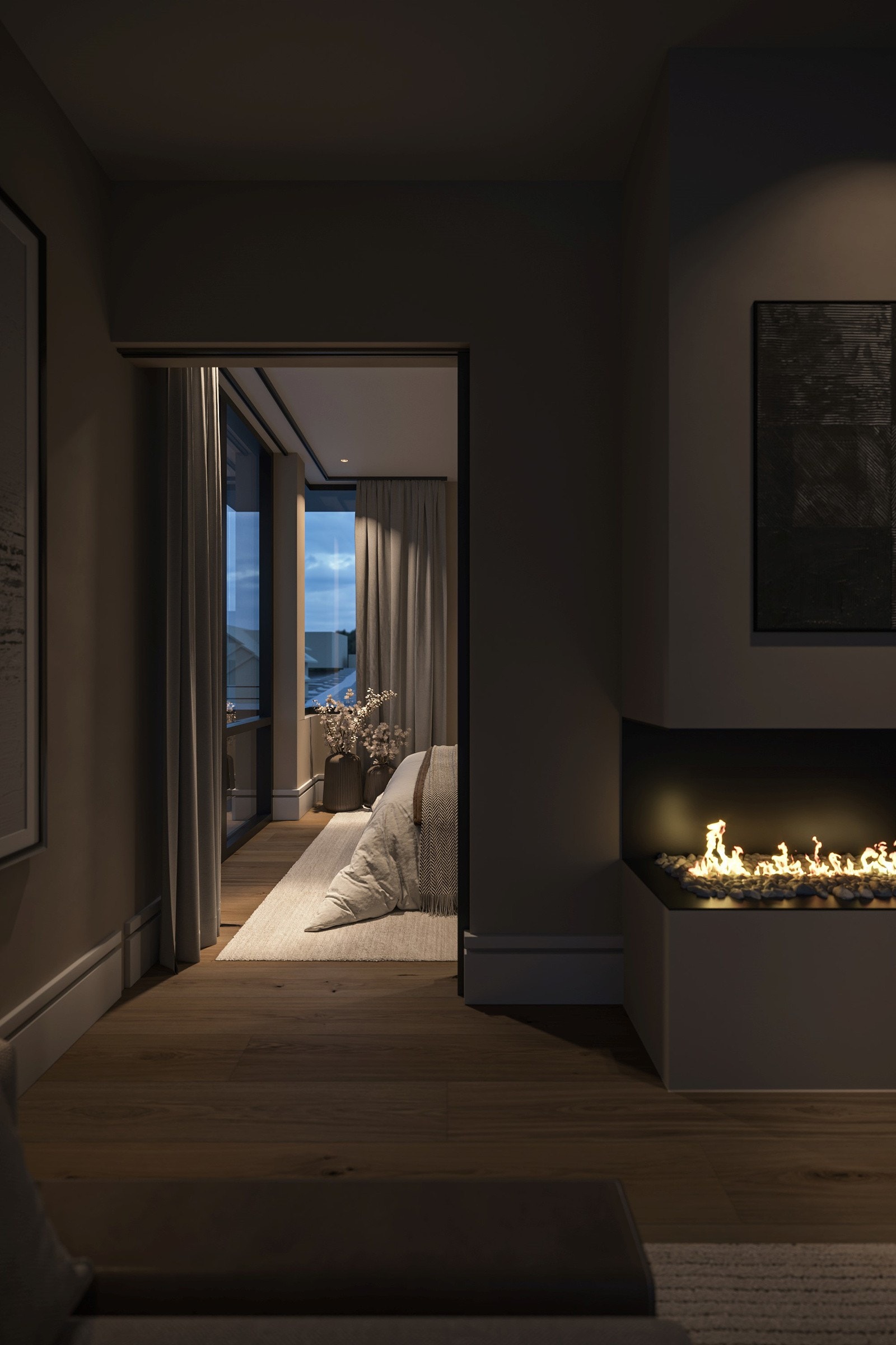 Alternativ inndeling av tv-stue bak peis til sov og kontor. Galleribilde