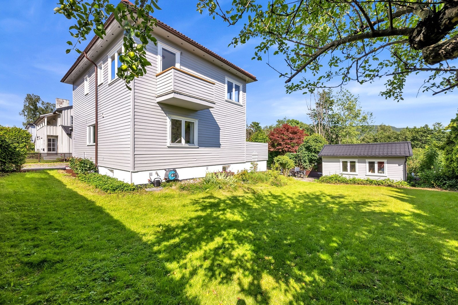 Pent opparbeidet hage med plen og prydbusker. Galleribilde