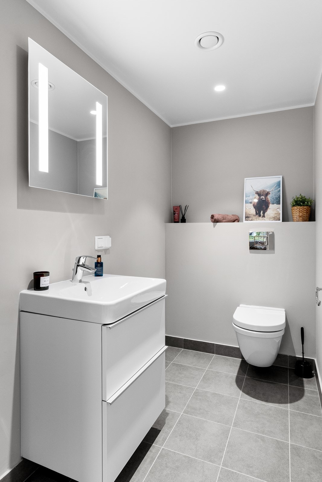 Praktisk toalettrom med enkel servantinnredning og vegghengt toalett. Galleribilde