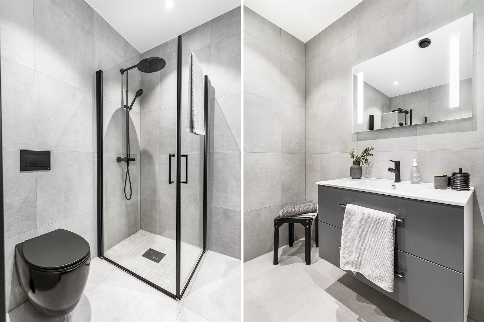 De fleste elementer på badene er i moderne sort utførelse - blandebatteriene inkludert. Galleribilde