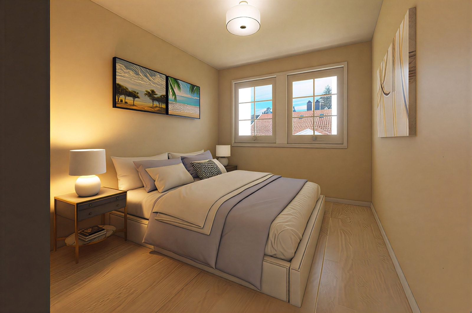 Soverom 2. Illustrasjonsbilde viser hvordan soverom 2 kan se ut når den er ferdig pusset opp. Det er mulighet for totalt 4 soverom i boligen. Man kan velge andre farger og materialer enn bildet viser. Se arbeidsbeskrivelse og spesifikasjoer. Galleribilde