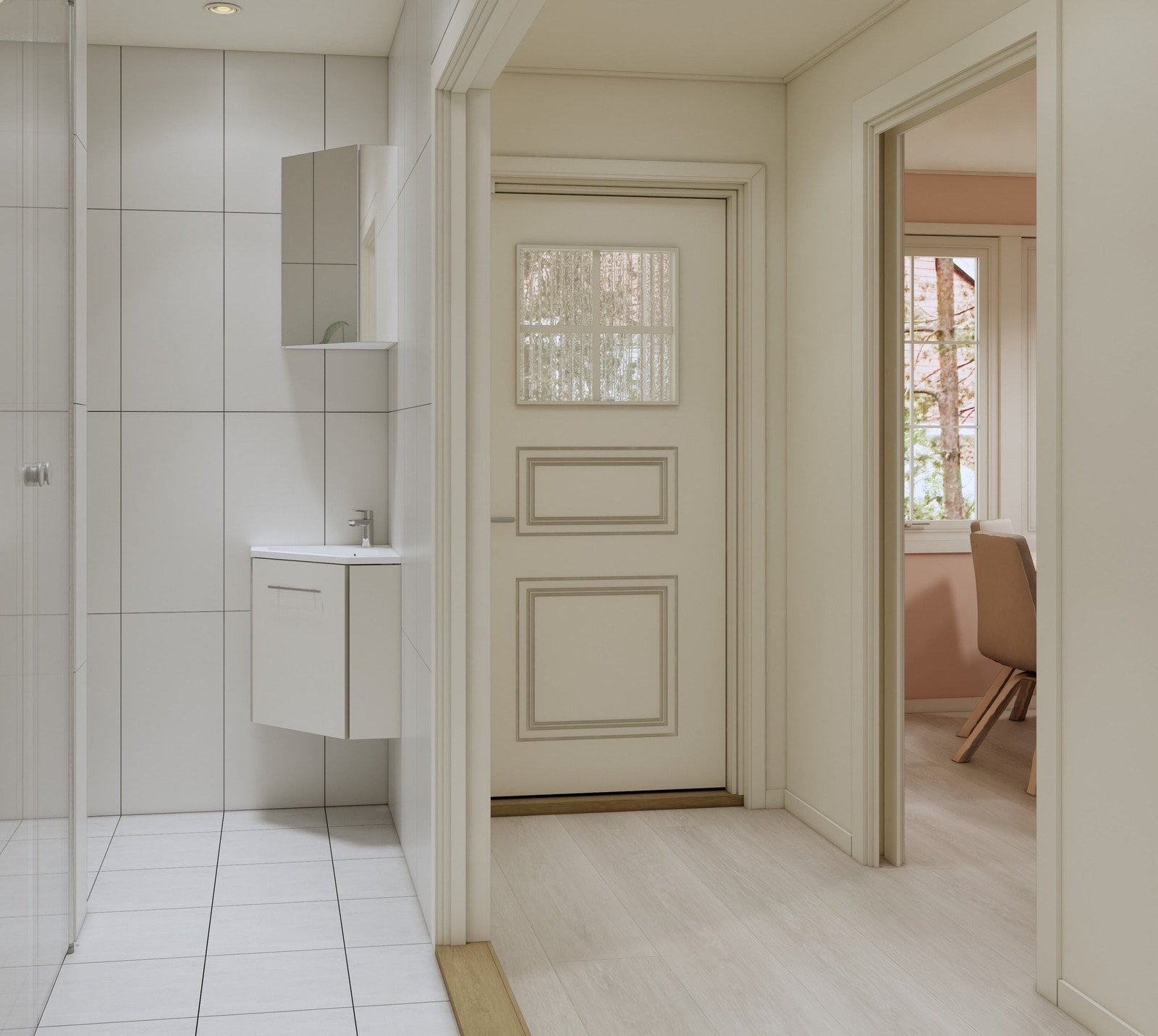 Illustrasjonsbilde viser hvordan deler av badet i 1. etg, entre og døråpning til kjøkken kan se ut når det er ferdig pusset opp. Boligen vil da få et bad i 1. etg (hvis wc-rom utvides) og et større bad i 2. etg. Se arbeidsbeskrivelse og spesifikasjoner. Galleribilde