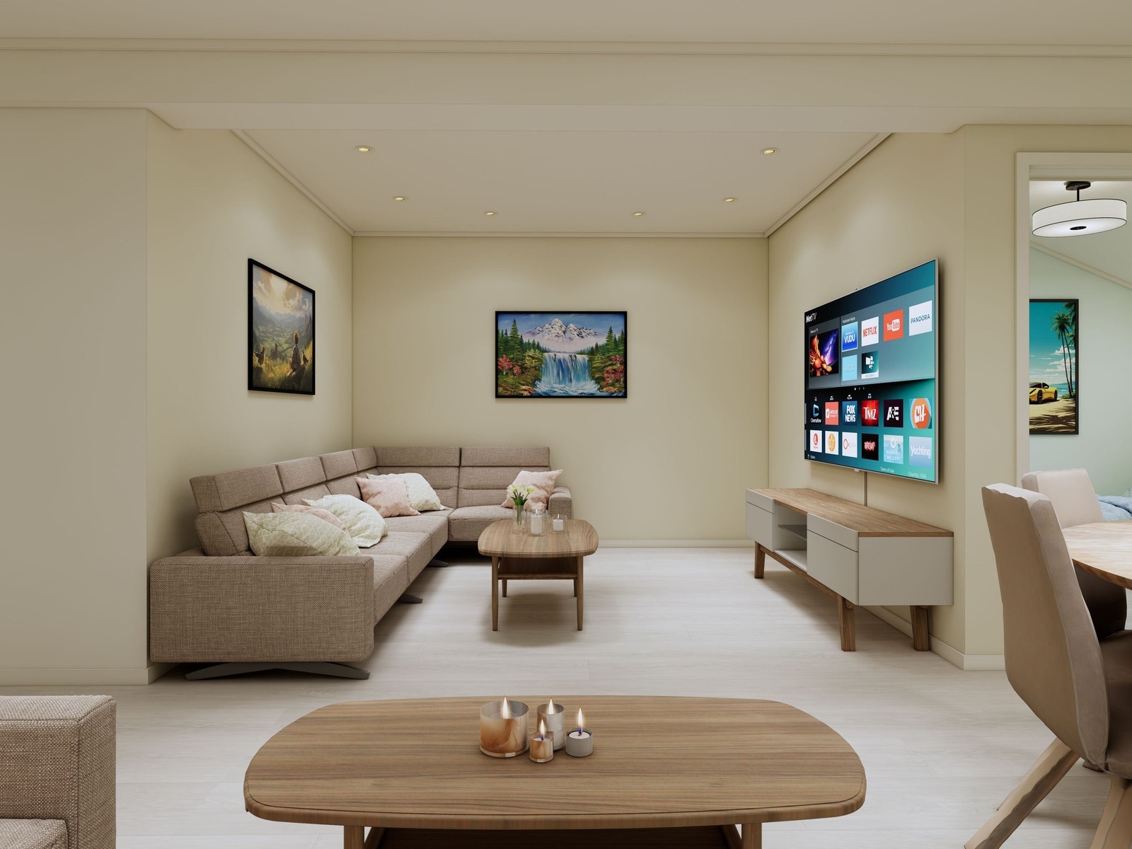 Illustrasjonsbilde viser hvordan stuen med et fjerde soverom kan se ut når den er ferdig pusset opp. Man kan velge andre planløsninger, farger, materialer og produkter enn det som er vist på bildet. Se arbeidsbeskrivelse og spesifikasjoner. Galleribilde