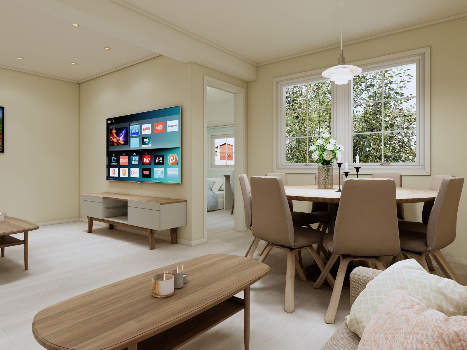 Illustrasjonsbilde viser hvordan stuen med et fjerde soverom kan se ut når den er ferdig pusset opp. Man kan velge andre planløsninger, farger, materialer og produkter enn det som er vist på bildet. Se arbeidsbeskrivelse og spesifikasjoner. Galleribilde