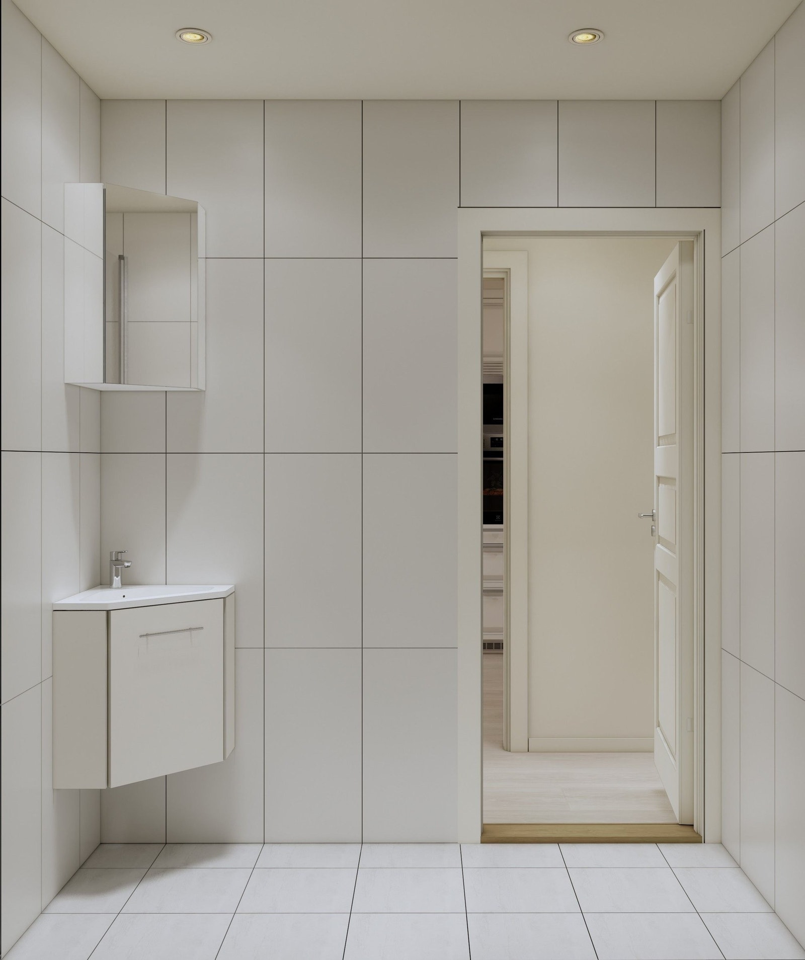 Illustrasjonsbilde viser hvordan badet i 1. etg kan se ut hvis wc-rom utvides til baderom. Man kan velge andre fliser, produkter og planløsning enn bildet viser. Boligen vil da få et bad i 1. etg og et større bad i 2. etg. Se arbeidsbeskrivelse. Galleribilde