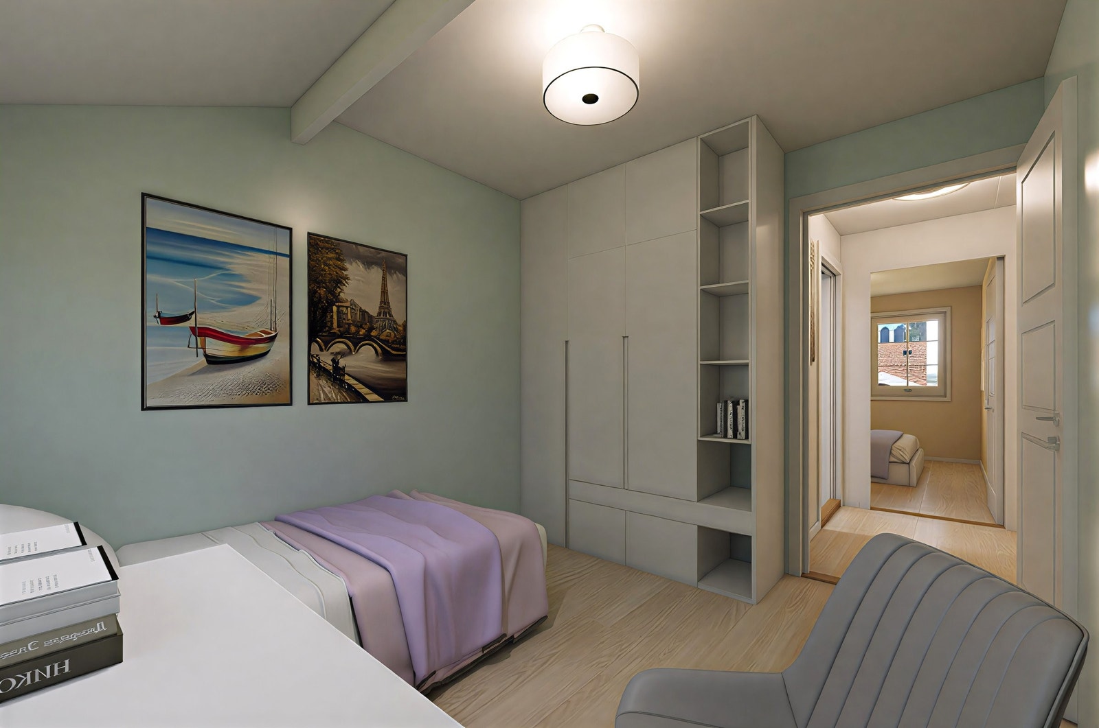 Soverom 1. Illustrasjonsbilde viser hvordan soverom 1 kan se ut når den er ferdig pusset opp. Det er mulighet for totalt 4 soverom i boligen. Man kan velge andre farger og materialer enn bildet viser. Se arbeidsbeskrivelse og spesifikasjoer. Galleribilde