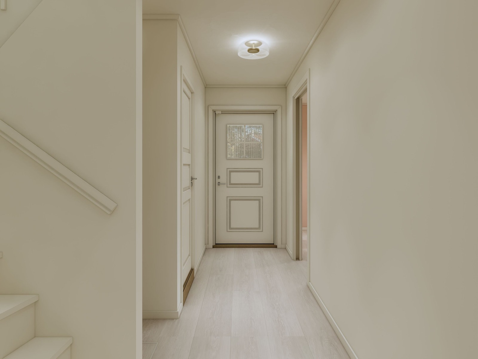 Entre må totaloppusses. Illustrasjonsbilde viser hvordan entre kan se ut når den er ferdig pusset opp. Kjøper kan velge andre farger, planløsninger, materialer og produkter enn det som er vist på bildet. Se arbeidsbeskrivelse og spesifikasjoner. Galleribilde