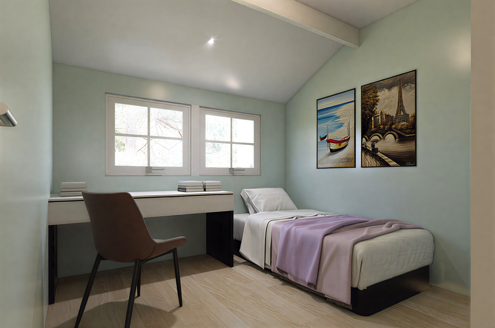 Soverom 1. Illustrasjonsbilde viser hvordan soverom 1 kan se ut når den er ferdig pusset opp. Det er mulighet for totalt 4 soverom i boligen. Man kan velge andre farger og materialer enn bildet viser. Se arbeidsbeskrivelse og spesifikasjoer. Galleribilde